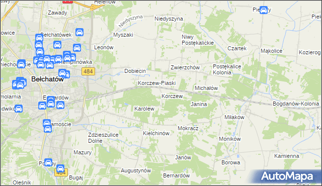 mapa Korczew gmina Bełchatów, Korczew gmina Bełchatów na mapie Targeo
