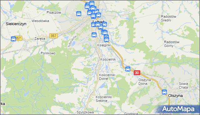 mapa Kościelnik gmina Lubań, Kościelnik gmina Lubań na mapie Targeo