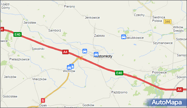 mapa Kostomłoty powiat średzki, Kostomłoty powiat średzki na mapie Targeo