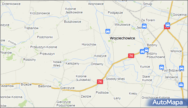 mapa Koszyce gmina Wojciechowice, Koszyce gmina Wojciechowice na mapie Targeo