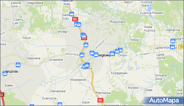 mapa Koziegłowy powiat myszkowski, Koziegłowy powiat myszkowski na mapie Targeo