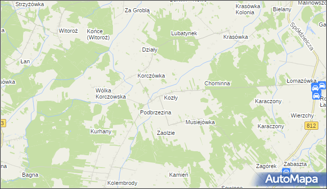 mapa Kozły gmina Łomazy, Kozły gmina Łomazy na mapie Targeo