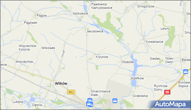 mapa Krzyków gmina Wilków, Krzyków gmina Wilków na mapie Targeo