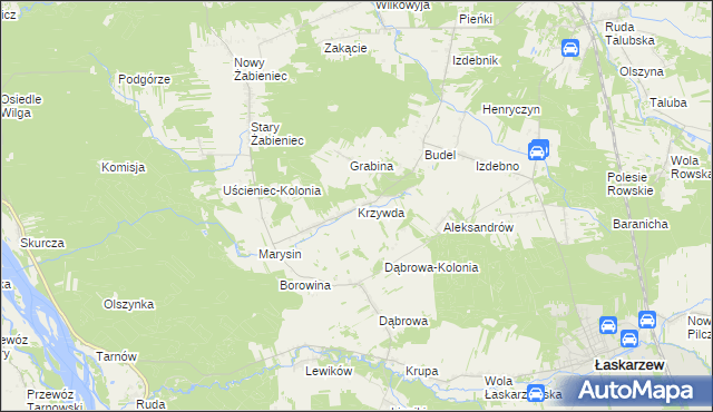 mapa Krzywda gmina Łaskarzew, Krzywda gmina Łaskarzew na mapie Targeo