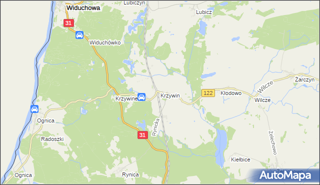 mapa Krzywin gmina Widuchowa, Krzywin gmina Widuchowa na mapie Targeo