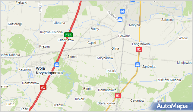 mapa Krzyżanów gmina Wola Krzysztoporska, Krzyżanów gmina Wola Krzysztoporska na mapie Targeo