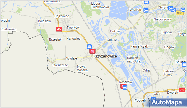 mapa Krzyżanowice powiat raciborski, Krzyżanowice powiat raciborski na mapie Targeo