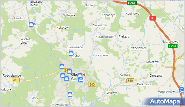 mapa Kuraszków gmina Oborniki Śląskie, Kuraszków gmina Oborniki Śląskie na mapie Targeo