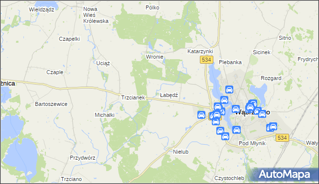 mapa Łabędź gmina Ryńsk, Łabędź gmina Ryńsk na mapie Targeo