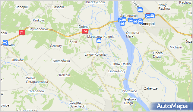 mapa Linów gmina Zawichost, Linów gmina Zawichost na mapie Targeo