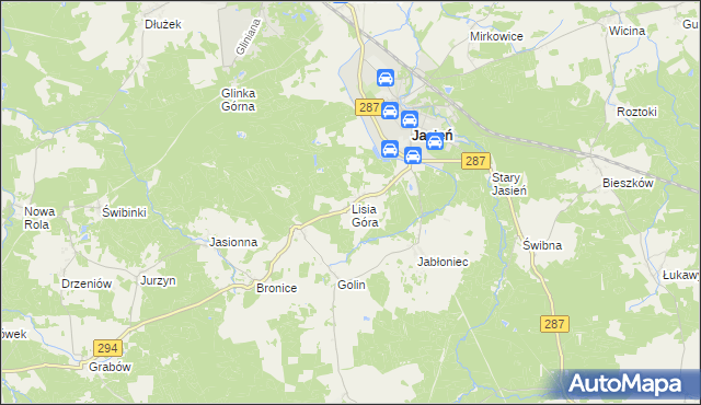 mapa Lisia Góra gmina Jasień, Lisia Góra gmina Jasień na mapie Targeo