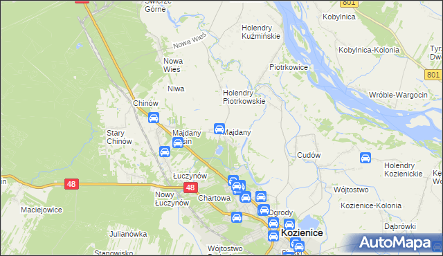 mapa Majdany gmina Kozienice, Majdany gmina Kozienice na mapie Targeo