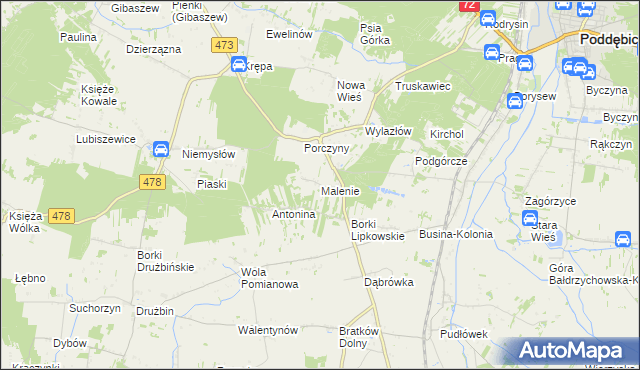 mapa Malenie gmina Poddębice, Malenie gmina Poddębice na mapie Targeo