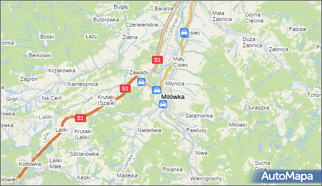 mapa Milówka powiat żywiecki, Milówka powiat żywiecki na mapie Targeo