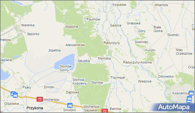 mapa Młyniska gmina Przykona, Młyniska gmina Przykona na mapie Targeo