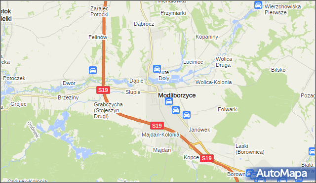 mapa Modliborzyce powiat janowski, Modliborzyce powiat janowski na mapie Targeo