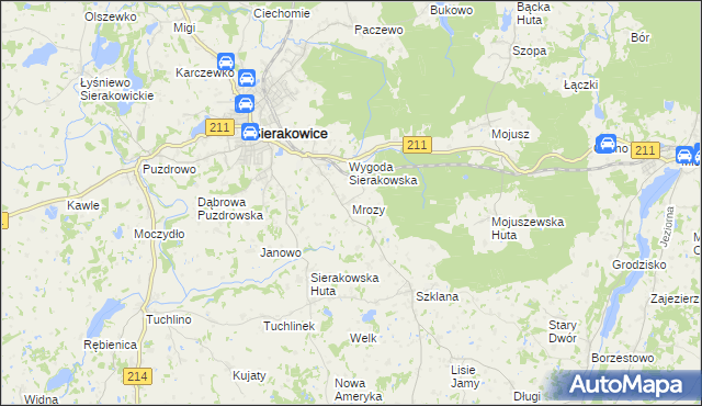 mapa Mrozy gmina Sierakowice, Mrozy gmina Sierakowice na mapie Targeo