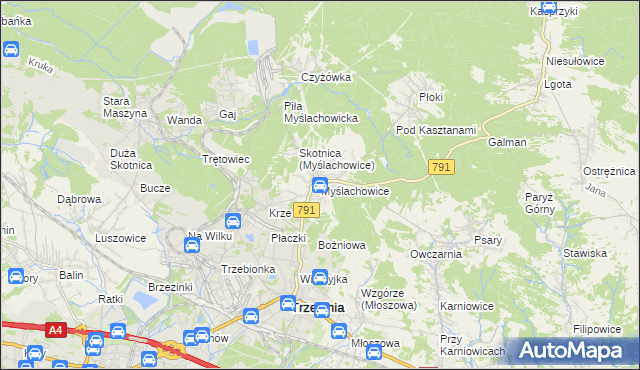 mapa Myślachowice, Myślachowice na mapie Targeo