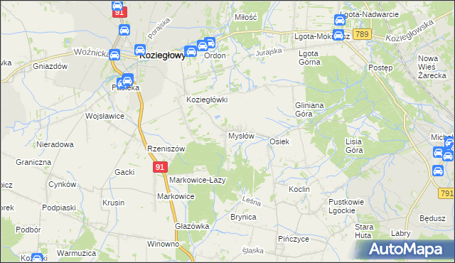 mapa Mysłów gmina Koziegłowy, Mysłów gmina Koziegłowy na mapie Targeo