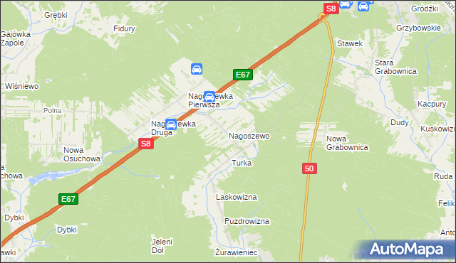 mapa Nagoszewo gmina Ostrów Mazowiecka, Nagoszewo gmina Ostrów Mazowiecka na mapie Targeo