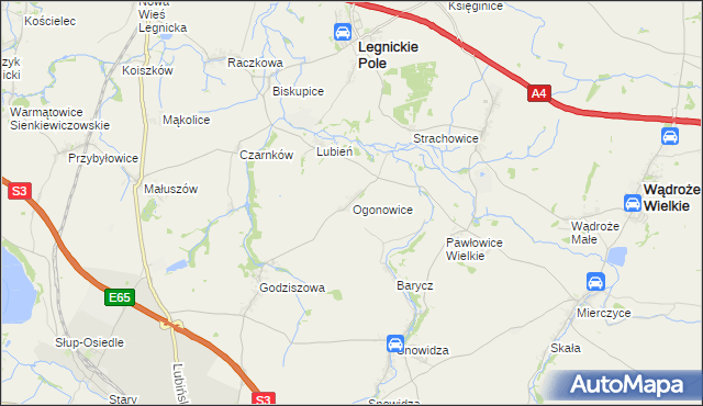 mapa Ogonowice gmina Legnickie Pole, Ogonowice gmina Legnickie Pole na mapie Targeo