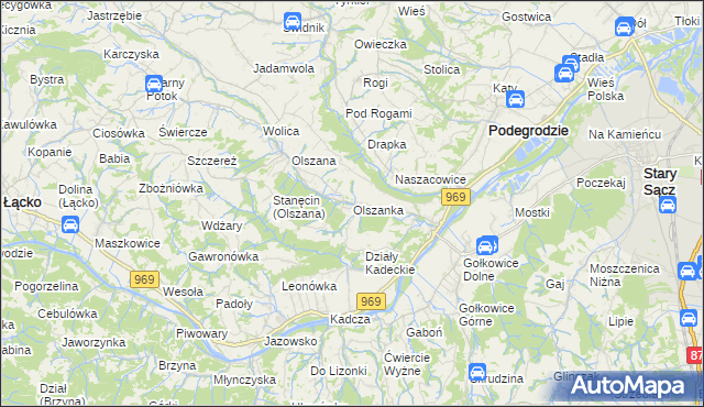 mapa Olszanka gmina Podegrodzie, Olszanka gmina Podegrodzie na mapie Targeo