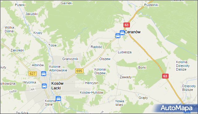 mapa Olszew gmina Ceranów, Olszew gmina Ceranów na mapie Targeo