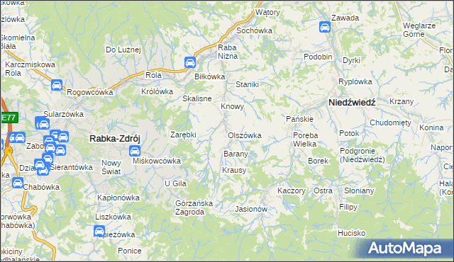 mapa Olszówka gmina Mszana Dolna, Olszówka gmina Mszana Dolna na mapie Targeo