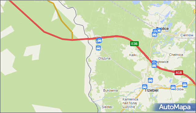 mapa Olszyna gmina Trzebiel, Olszyna gmina Trzebiel na mapie Targeo