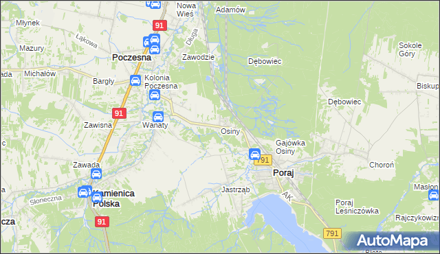 mapa Osiny gmina Kamienica Polska, Osiny gmina Kamienica Polska na mapie Targeo
