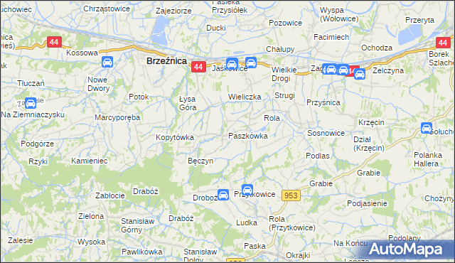 mapa Paszkówka gmina Brzeźnica, Paszkówka gmina Brzeźnica na mapie Targeo