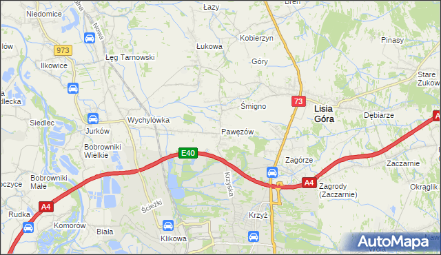 mapa Pawęzów gmina Lisia Góra, Pawęzów gmina Lisia Góra na mapie Targeo