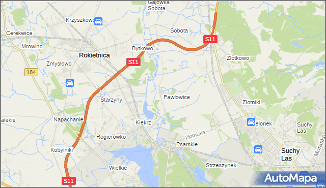 mapa Pawłowice gmina Rokietnica, Pawłowice gmina Rokietnica na mapie Targeo