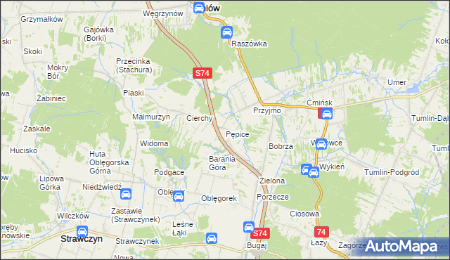 mapa Pępice gmina Mniów, Pępice gmina Mniów na mapie Targeo