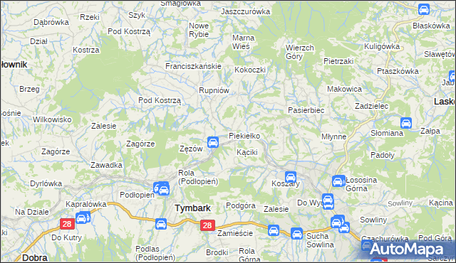 mapa Piekiełko gmina Tymbark, Piekiełko gmina Tymbark na mapie Targeo