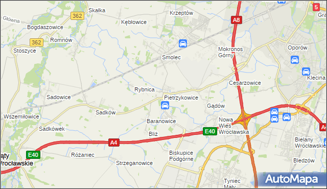 mapa Pietrzykowice gmina Kąty Wrocławskie, Pietrzykowice gmina Kąty Wrocławskie na mapie Targeo