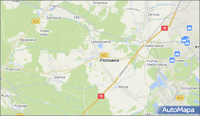 mapa Pilchowice powiat gliwicki, Pilchowice powiat gliwicki na mapie Targeo