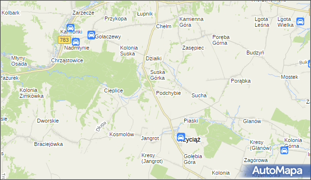mapa Podchybie gmina Trzyciąż, Podchybie gmina Trzyciąż na mapie Targeo