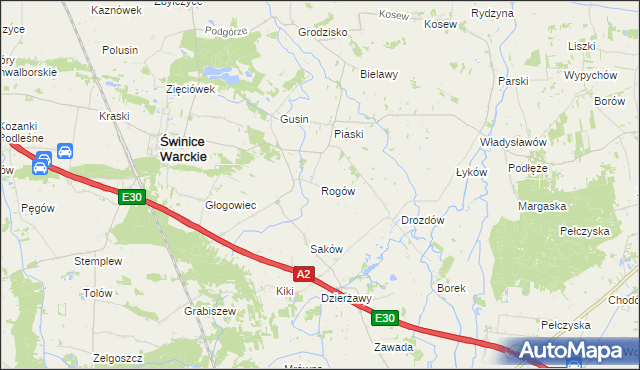 mapa Rogów gmina Świnice Warckie, Rogów gmina Świnice Warckie na mapie Targeo