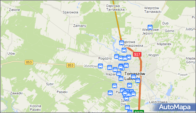 mapa Rogóźno gmina Tomaszów Lubelski, Rogóźno gmina Tomaszów Lubelski na mapie Targeo