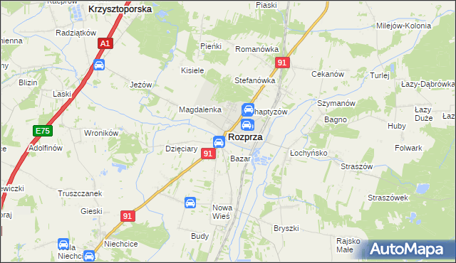 mapa Rozprza powiat piotrkowski, Rozprza powiat piotrkowski na mapie Targeo