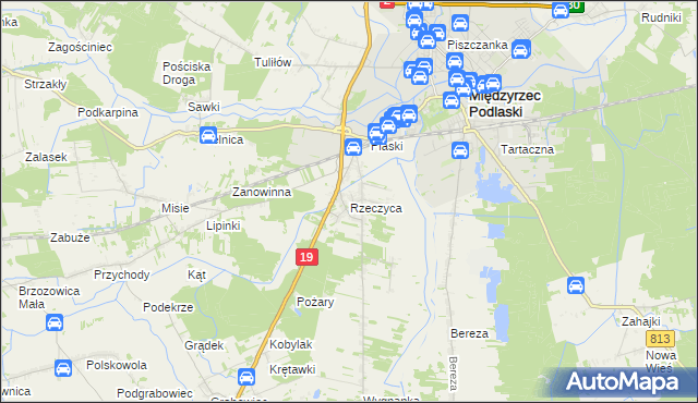 mapa Rzeczyca gmina Międzyrzec Podlaski, Rzeczyca gmina Międzyrzec Podlaski na mapie Targeo