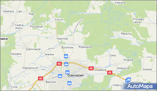 mapa Rzędowice gmina Dobrodzień, Rzędowice gmina Dobrodzień na mapie Targeo