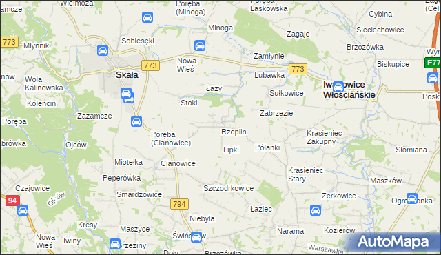 mapa Rzeplin gmina Skała, Rzeplin gmina Skała na mapie Targeo