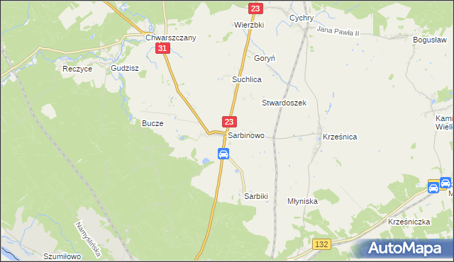 mapa Sarbinowo gmina Dębno, Sarbinowo gmina Dębno na mapie Targeo