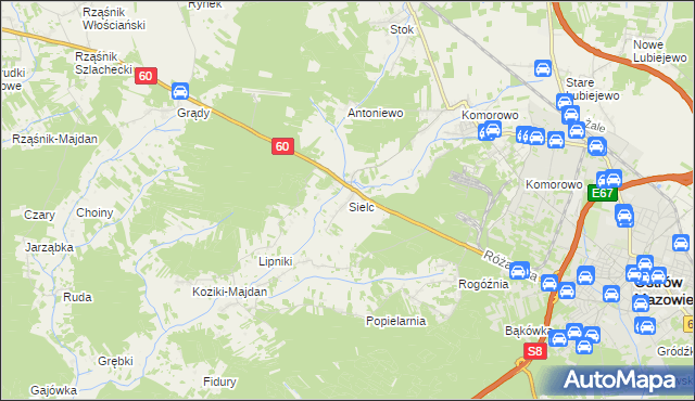 mapa Sielc gmina Ostrów Mazowiecka, Sielc gmina Ostrów Mazowiecka na mapie Targeo