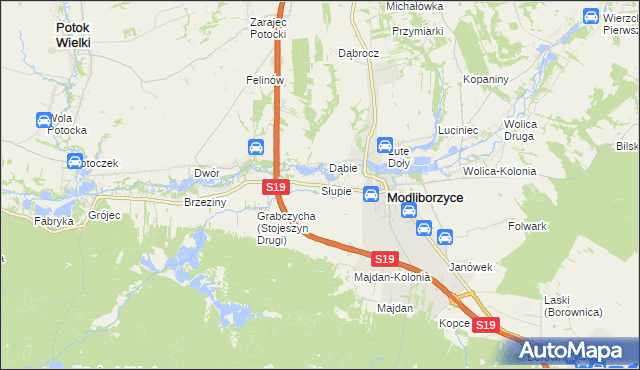 mapa Słupie gmina Modliborzyce, Słupie gmina Modliborzyce na mapie Targeo