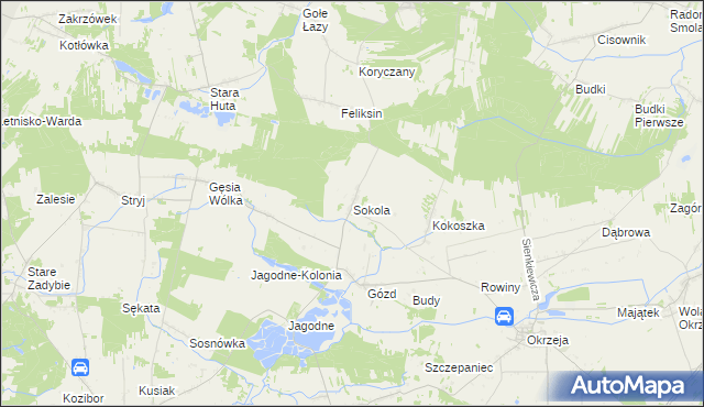 mapa Sokola gmina Kłoczew, Sokola gmina Kłoczew na mapie Targeo