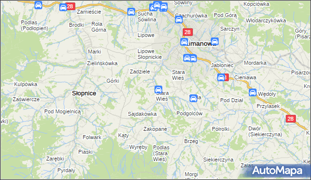 mapa Stara Wieś gmina Limanowa, Stara Wieś gmina Limanowa na mapie Targeo