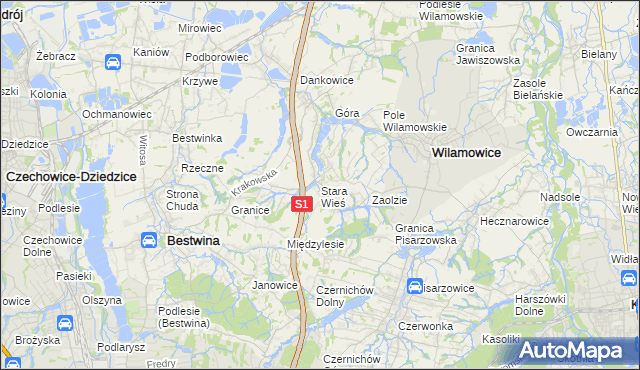 mapa Stara Wieś gmina Wilamowice, Stara Wieś gmina Wilamowice na mapie Targeo